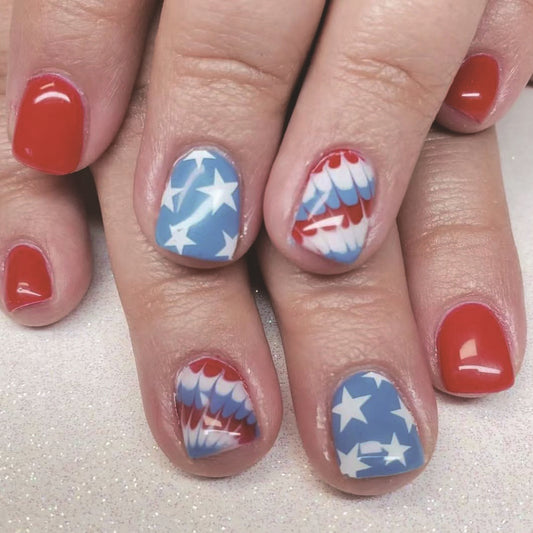 Patriotic Elegance Short Square Blue and Red American Flag Motif Press On Nail Set