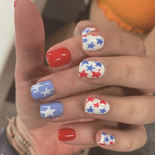 Patriotic Parade Medium-Length Square Press On Nails in Red, White, and Blue with Star Accents