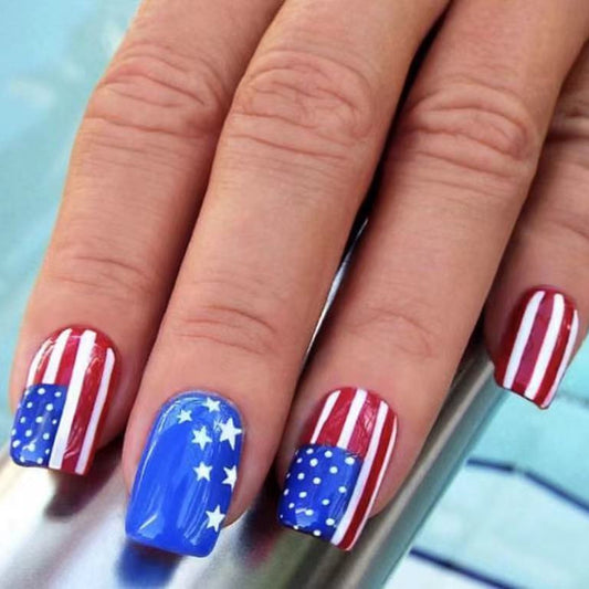 Patriotic Spirit Long Square Red White and Blue Press On Nails with Star-Spangled Design