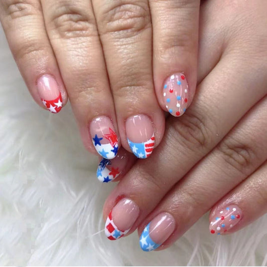Patriotic Party Medium Oval Multicolor Press On Nails with Star Accents