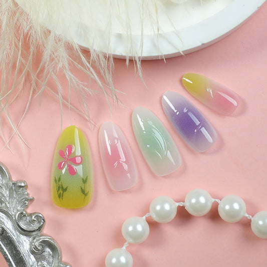 Whimsical Floral Press On Nails Medium Almond Pastel Ombre Design