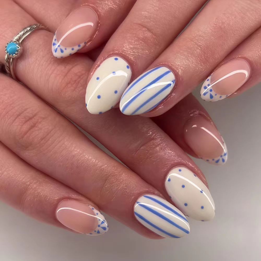 Charming Coastal Vibes Medium Almond Cream and Blue Striped Nail Set