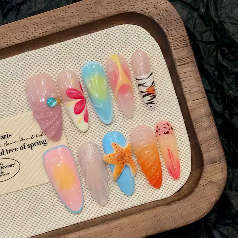 Tropical Paradise Long Almond Multicolor Waves Press On Nail Set