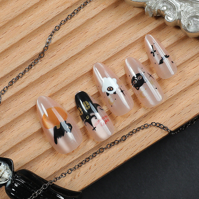Spooky Cat Design Long Almond Beige Press On Nail Set with Unique Art Details