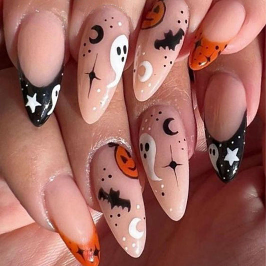 Spooky Vibes Long Stiletto Orange and Black Ghost and Pumpkin Nail Set