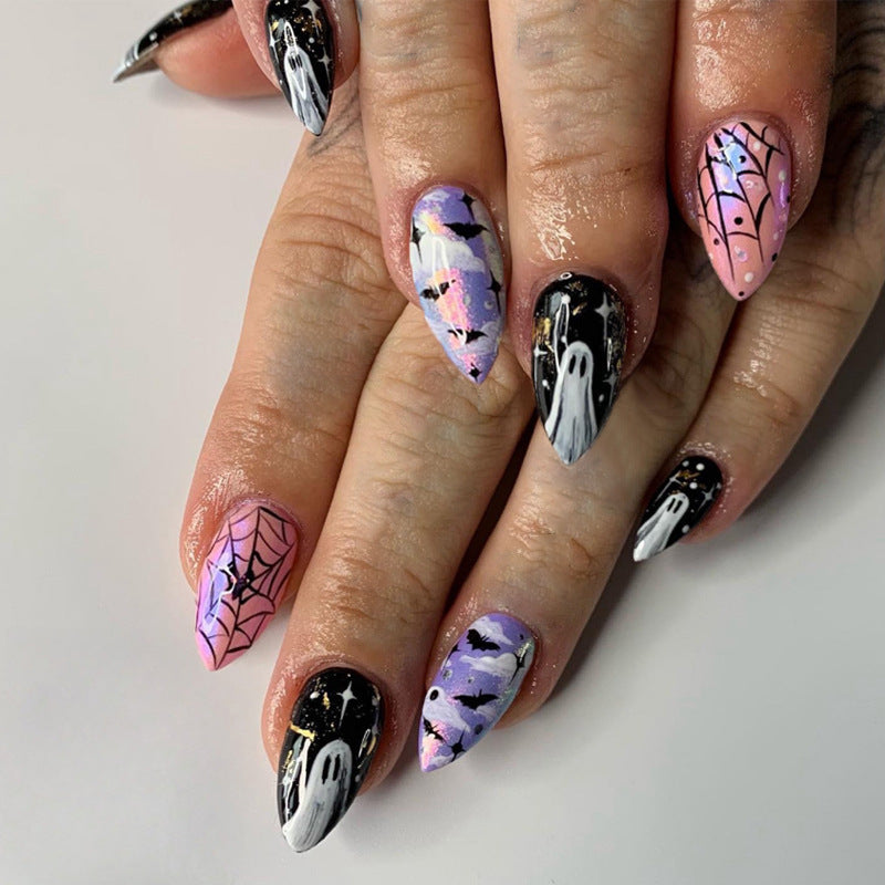Hauntingly Chic Long Stiletto Black and Purple Press On Nail Set with Ghost and Spider Web Design