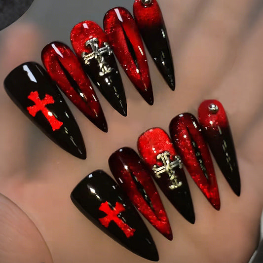 Gothic Elegance Long Stiletto Red Black Gradient Press On Nail Set with Cross Accents