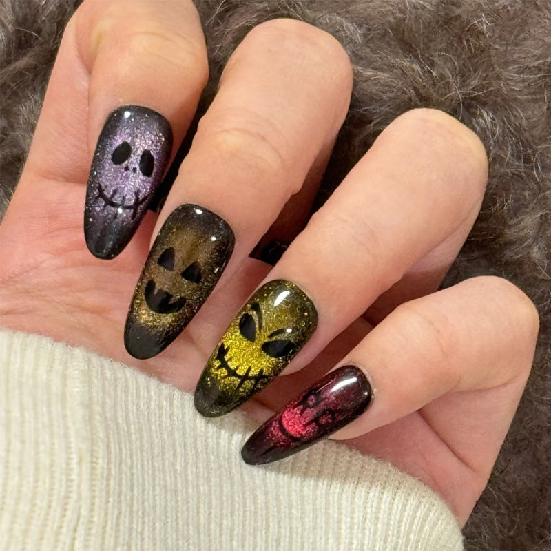 Spooky Glam Long Oval Black and Glittering Jack-O-Lantern Press-on Nail Set