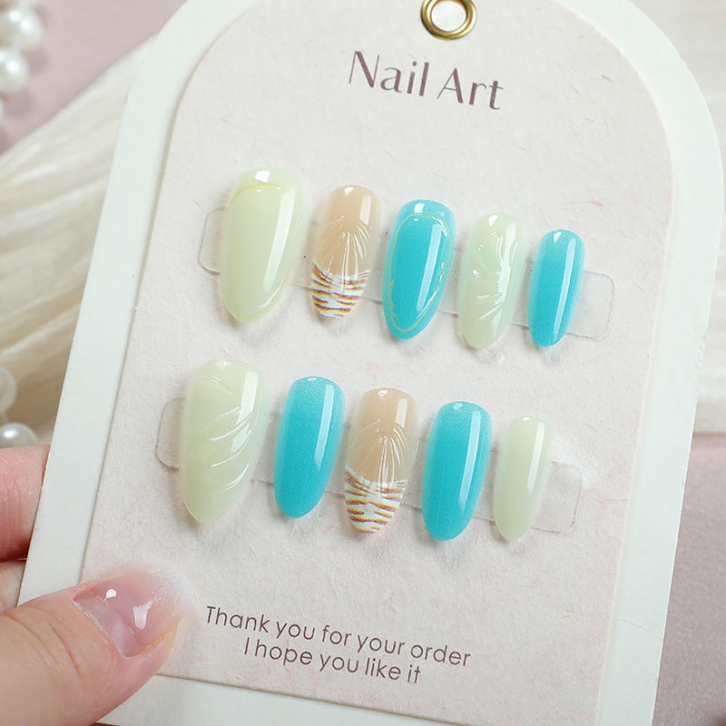 Ocean Breeze Medium Almond Aqua Blue with Unique Shell Art Press on Nail Set