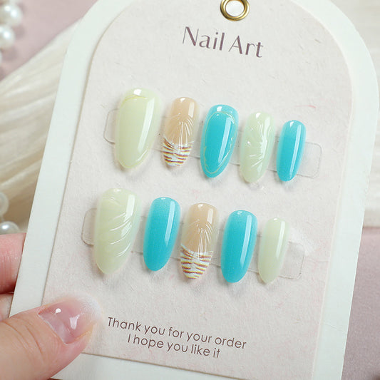 Ocean Breeze Medium Almond Aqua Blue with Unique Shell Art Press on Nail Set