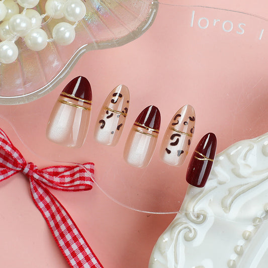 Chic Elegance Medium Almond Burgundy with Gold Accent Press On Nail Set