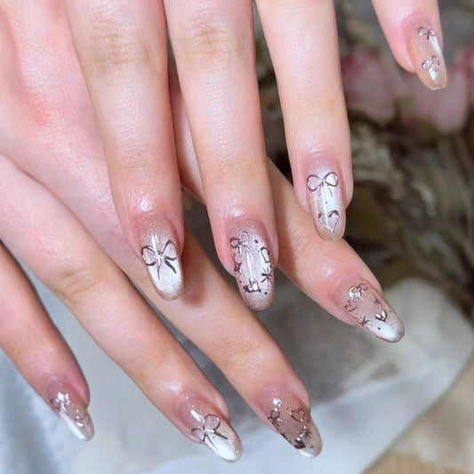 Charming Floral Design Long Oval Glitter Press-On Nail Set