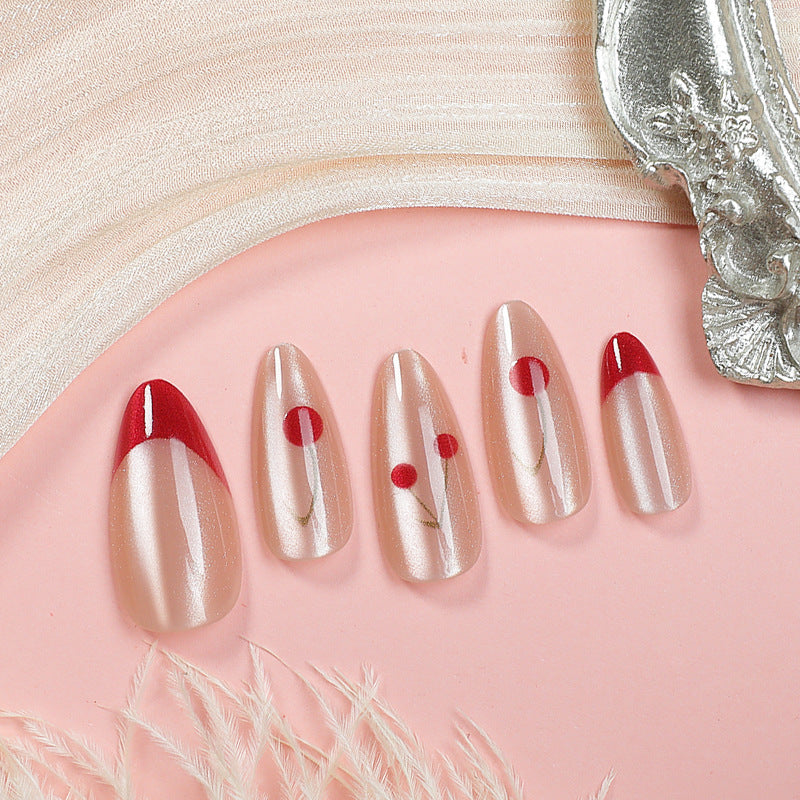 Cherry Blossom Inspired Long Almond Beige Press On Nail Set with Elegant Floral Design