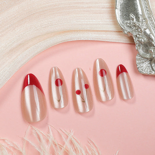 Cherry Blossom Inspired Long Almond Beige Press On Nail Set with Elegant Floral Design