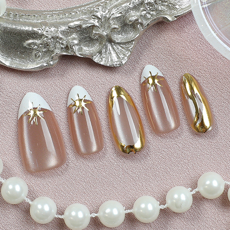 Elegant Golden Glamour Long Almond Beige Press On Nail Set with Shimmering Gold Accent