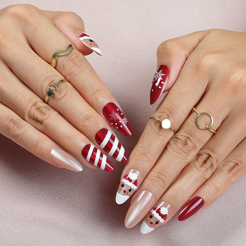 Festive Long Almond Red with Winter Wonderland Designs Press-On Nail Set