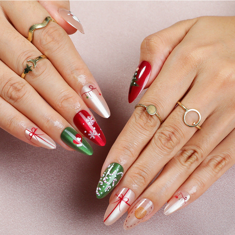 Festive Long Almond Red Green and White Holiday Themed Press On Nail Set