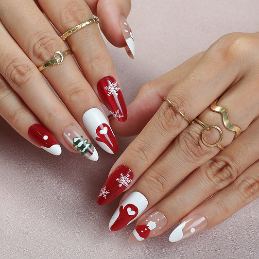 Festive Long Oval Red and White Nail Set with Holiday Nail Art