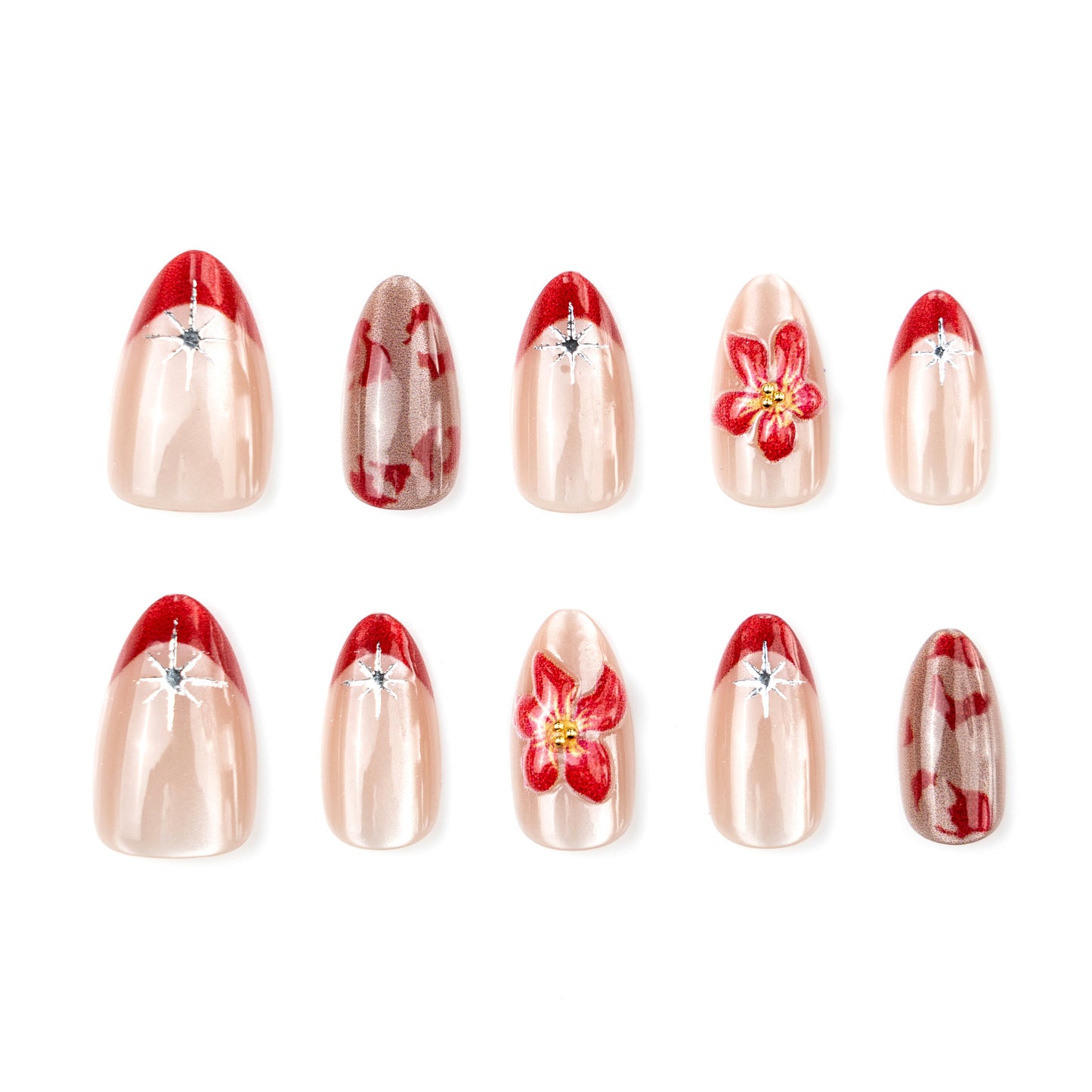 Blooming Elegance Medium Almond Red Floral Design Press On Nail Set