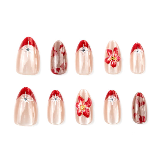 Blooming Elegance Medium Almond Red Floral Design Press On Nail Set