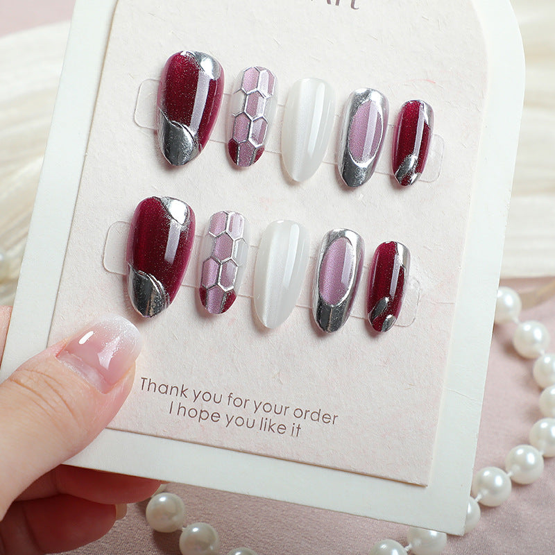 Elegant Burgundy Blossom Short Almond Design with Shimmering Accent