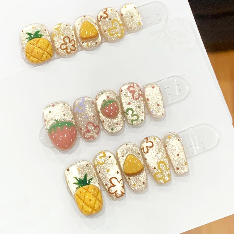 Tropical Delight Short Squoval Glittering Nail Set with Fruit Designs