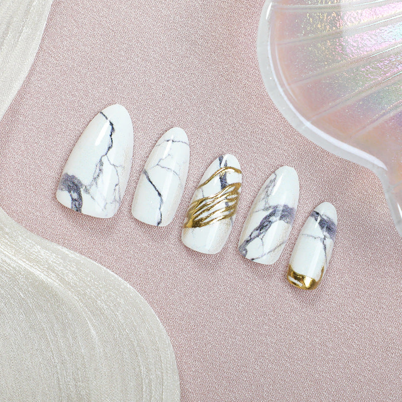 Elegant Marble Medium Almond Press-On Nail Set with Golden Accents