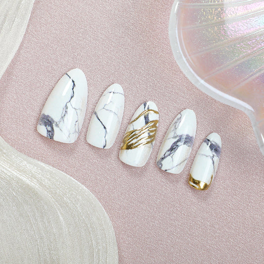 Elegant Marble Medium Almond Press-On Nail Set with Golden Accents
