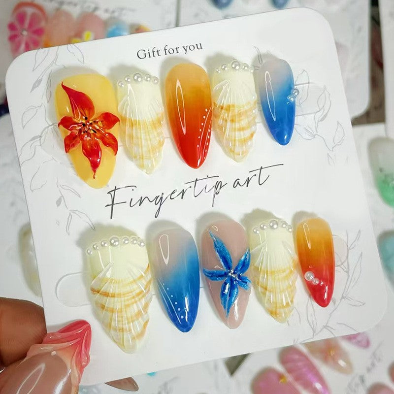 Tropical Sunset Medium Almond Gradient with Shell and Flower Design Press On Nail Set
