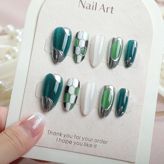 Vibrant Sports Theme Medium Almond Green with Metallic Accents Press on Nail Set