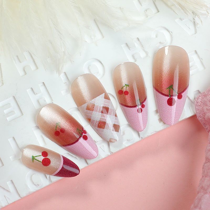 Cherry Blossom Dream Medium Almond Pink Gradient with Cherry Blossom Design Press on Nail Set