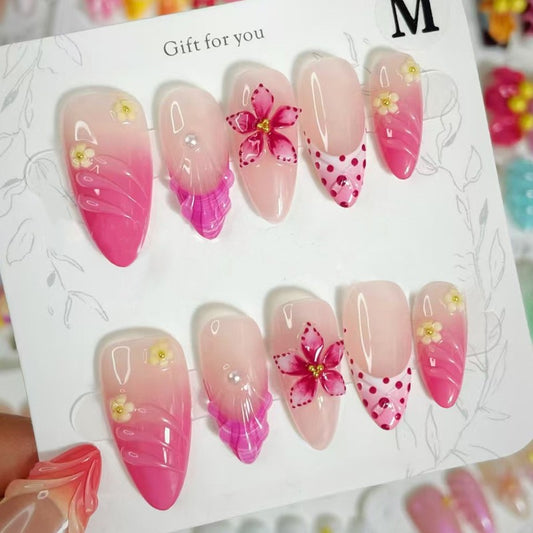 Tropical Bliss Medium Almond Pink Ombre Floral Accent Press On Nail Set