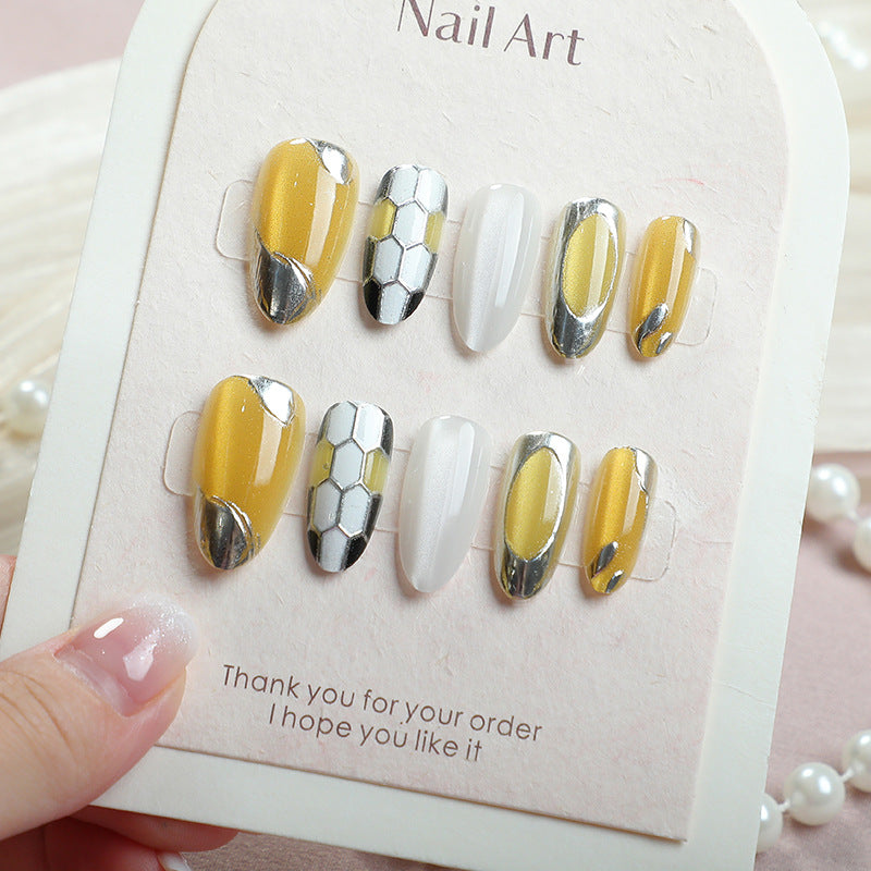 Honeycomb Delight Medium Almond Yellow with Metallic Accents Press On Nail Set