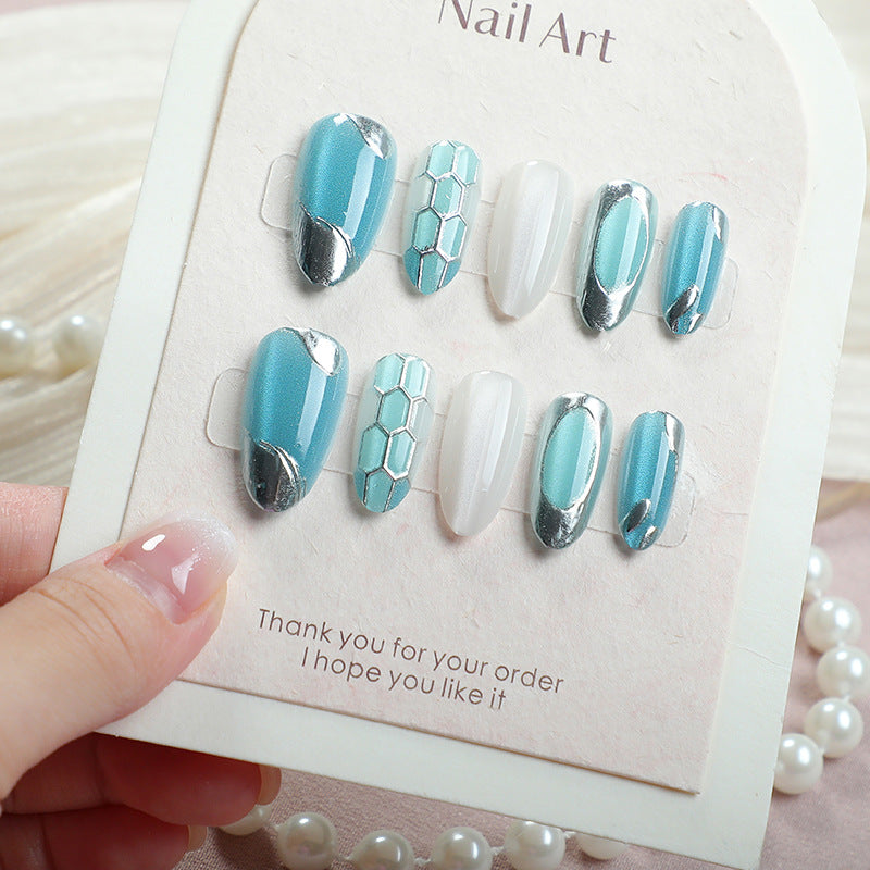 Ocean Breeze Medium Almond Metallic Accents Nail Set