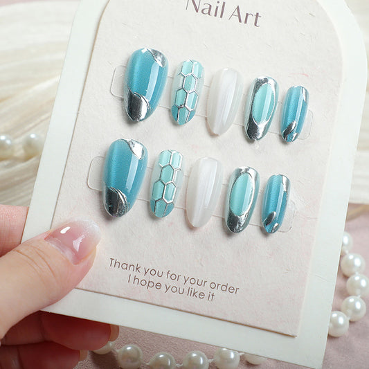 Ocean Breeze Medium Almond Metallic Accents Nail Set