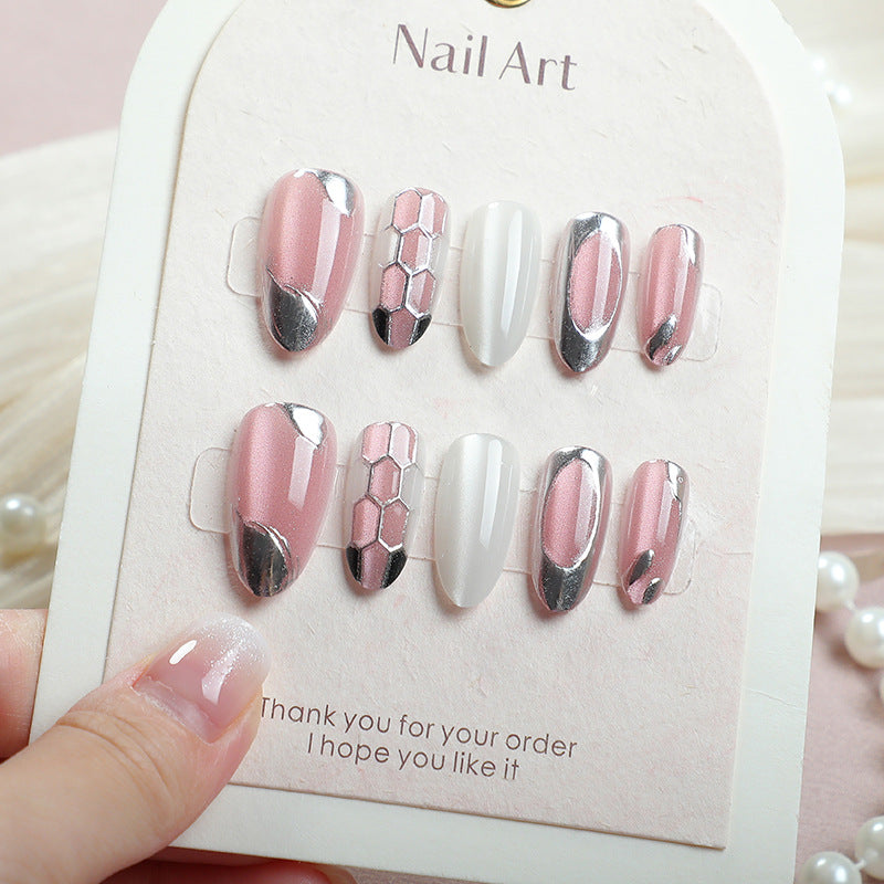 Glamorous Blush Medium Elegant Almond Shaped Press-On Nail Set with Metallic Finish