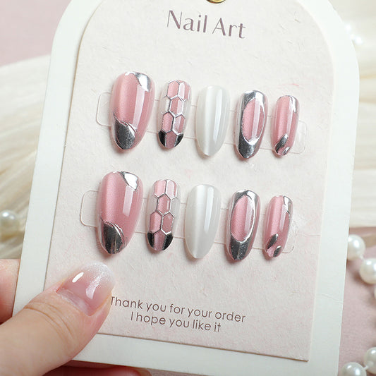 Glamorous Blush Medium Elegant Almond Shaped Press-On Nail Set with Metallic Finish
