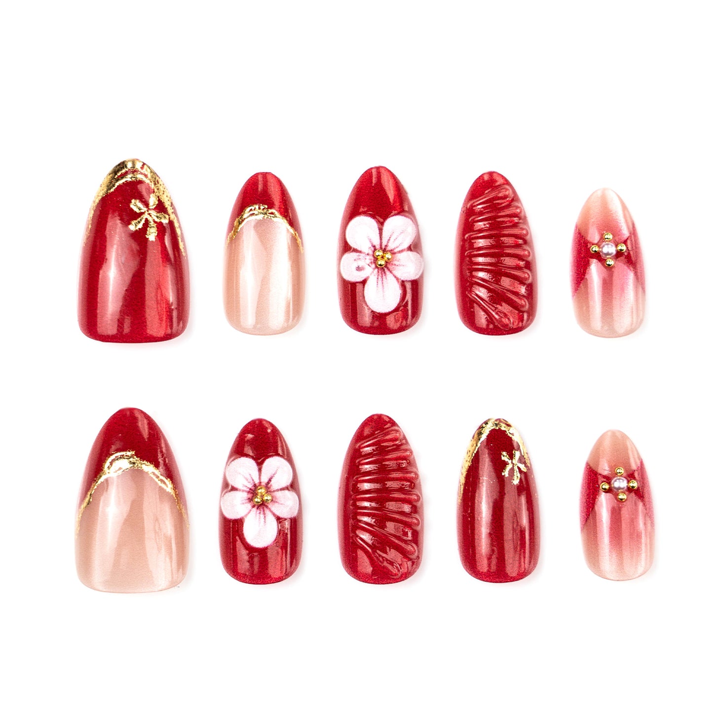 Blooming Elegance Medium Almond Red Floral Design Press On Nail Set