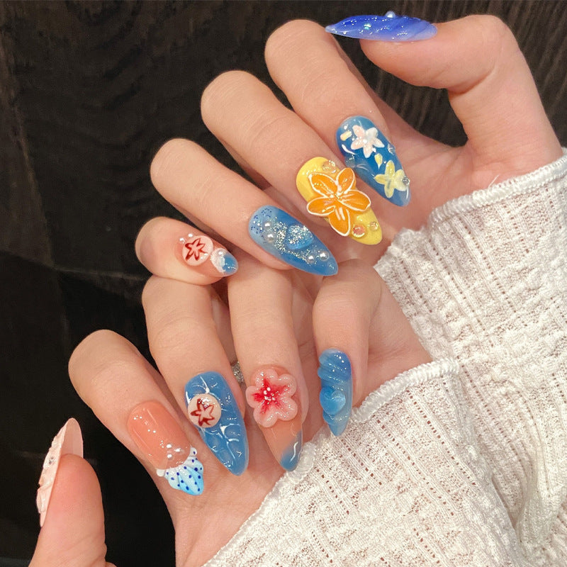 Tropical Serenity Long Stiletto Blue Floral Press On Nail Set