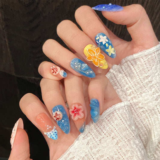 Tropical Serenity Long Stiletto Blue Floral Press On Nail Set