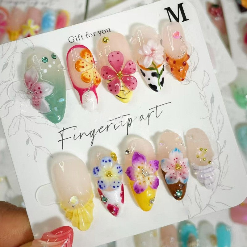 Tropical Bliss Medium Almond Colorful Floral Embellishments Press On Nail Set