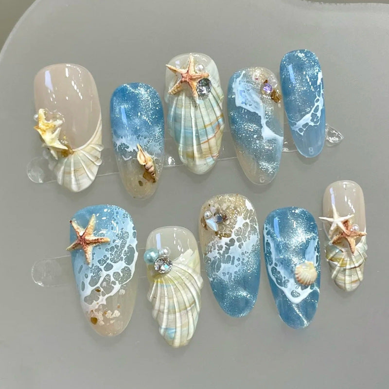Ocean Dream Medium Almond Blue with Seashell Accents Nail Set