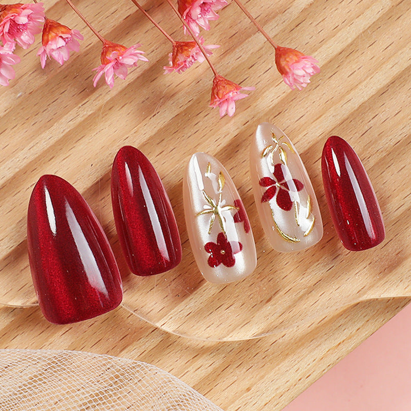 Blossom Beauty Medium Almond Red with Floral Accents Press On Nail Set