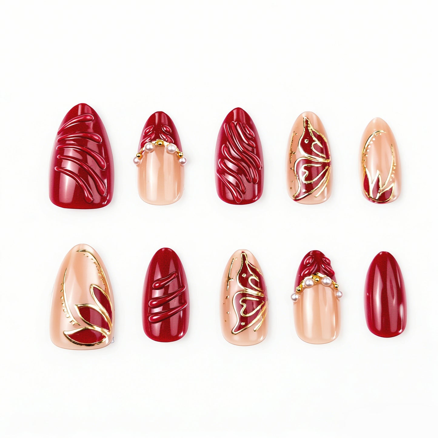 Elegant Festivity Medium Almond Burgundy and Gold Accent Press-On Nail Set
