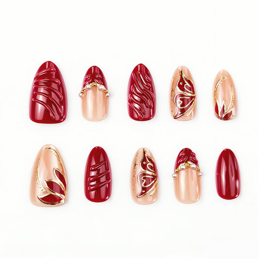 Elegant Festivity Medium Almond Burgundy and Gold Accent Press-On Nail Set