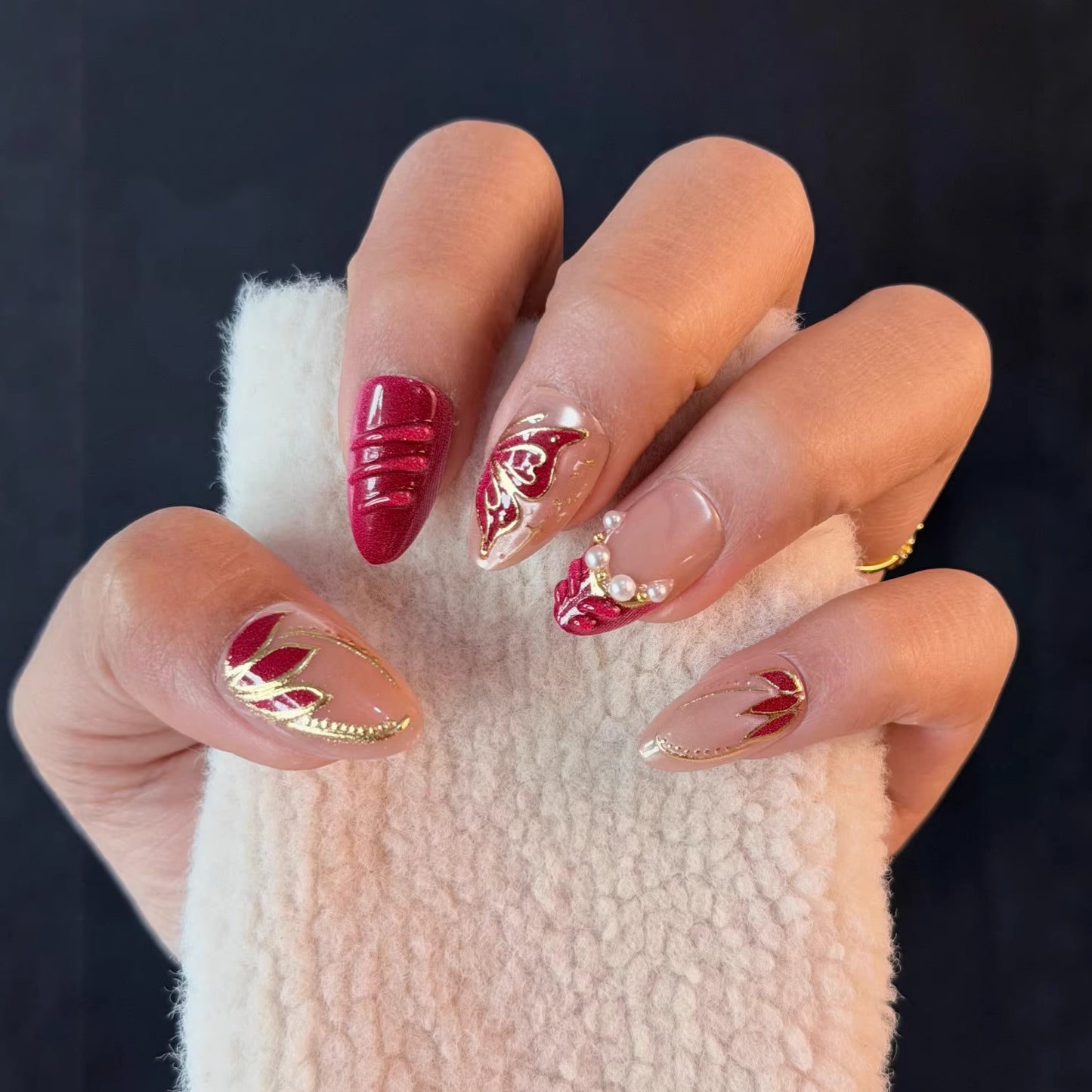 Chic Glamour Medium Almond Deep Red with Elegant Butterfly Design Press On Nail Set