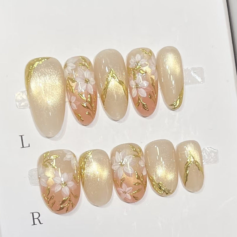 Blossoming Elegance Medium Almond Beige with Floral Accents Press On Nail Set