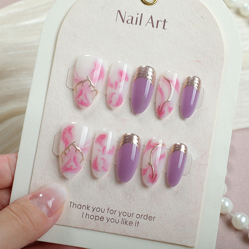 Whimsical Floral Medium Almond Pink Marble Press On Nail Set with Gold Accents
