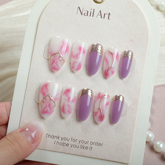 Whimsical Floral Medium Almond Pink Marble Press On Nail Set with Gold Accents