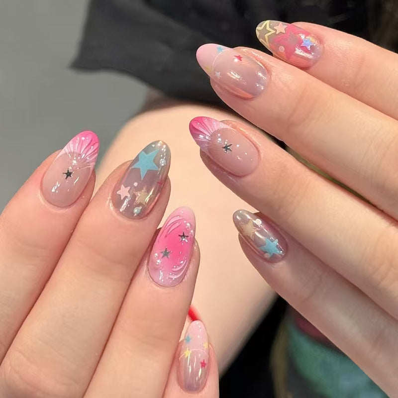 Dreamy Celestial Medium Almond Multicolored Stars Press On Nail Set